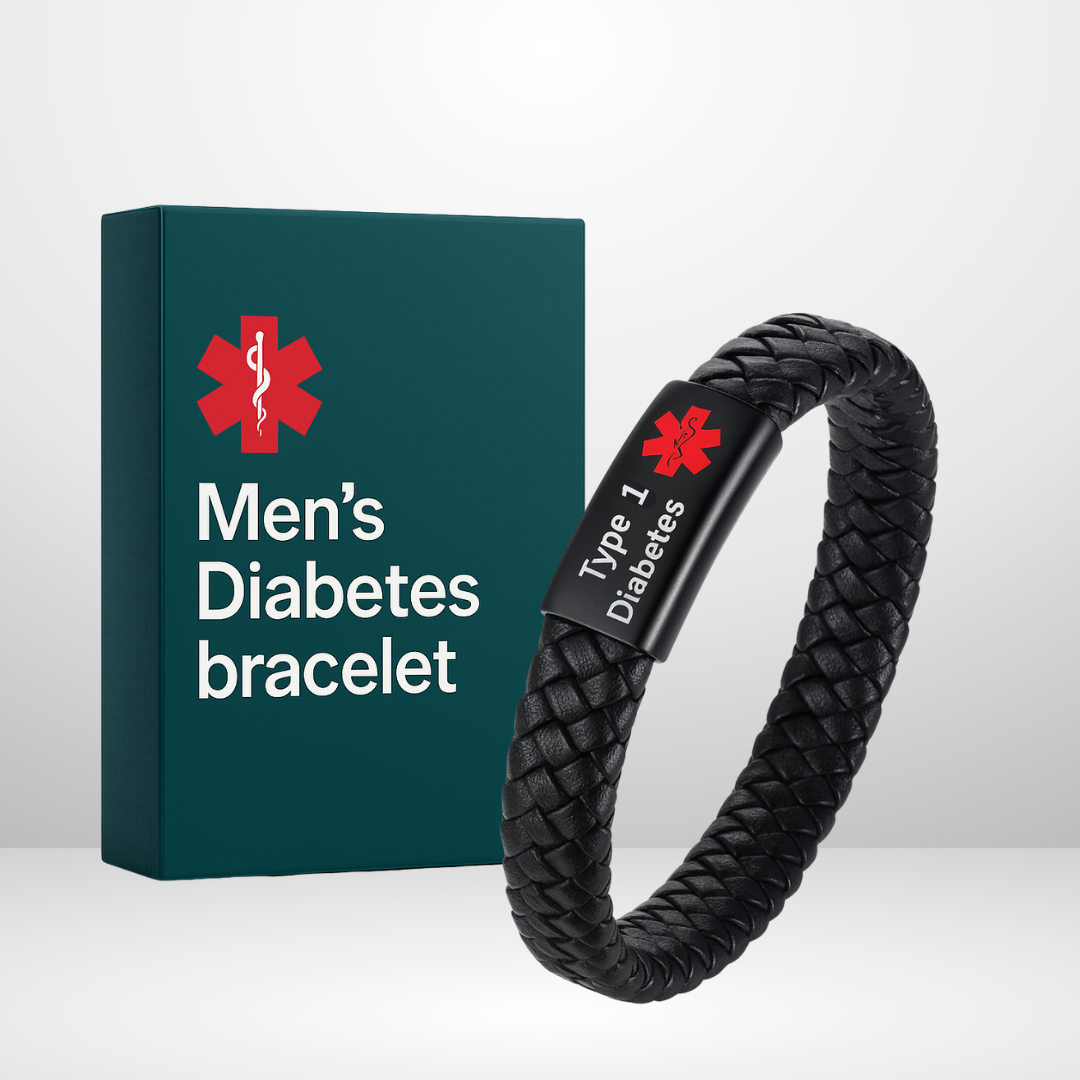 Mens Diabetes Bracelet - Leather Rope and Stainless Steel Magnet Buckle